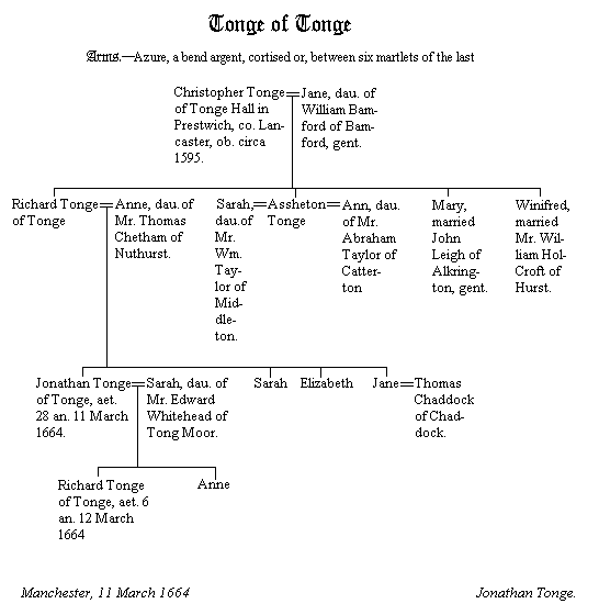 1 Christopher Tonge of Tonge Hall, ob. circa 1595
.. +Jane, dau. of William Bamford of Bamford, gent.
......... 2 Richard Tonge of Tonge
........... +Anne, dau. of Mr. Thomas Chetham of Nuthurst
.................... 3 Jonathan Tonge of Tonge, aet. 1664
........................ +Sarah, dau. of Edward Whitehead
............................... 4 Richard Tonge of Tonge, aet. 1664
............................... 4 Anne Tonge
.................... 3 Sarah Tonge
.................... 3 Elizabeth Tonge
.................... 3 Jane Tonge
...................... + Thomas Chaddock of Chaddock
......... 2 Assheton Tonge
........... + Sarah, dau. of Mr. William Taylor of Middleton
............. + Ann, dau. of Mr. Abraham Taylor of Chatterton
......... 2 Mary Tonge
........... + John Leigh of Alkrington, gent.
......... 2 Winifred Tonge
........... + William Holcroft of Hurst
